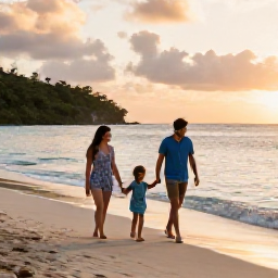 Caribbean Holidays, March Family Holidays, Happy family walking along a tropical beach in St Thomas, United States Virgin Islands, warm evening light and calm sea