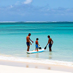 Caribbean Holidays, March Family Holidays, Parents and children paddling in shallow calm Caribbean water beside a sandy beach, bright daytime sunshine