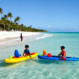Caribbean Holidays, March Family Holidays, Parents and children paddling in shallow clear water at Grace Bay Beach, Providenciales, with colourful beach toys and palm trees