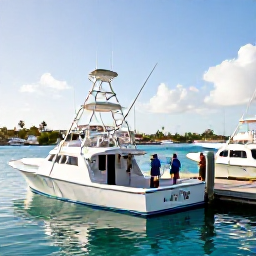 Caribbean Holidays, March Fishing, A bright March morning at a tropical marina in Saint Martin and Sint Maarten, with fishing boats, calm turquoise water and anglers preparing for a day at sea