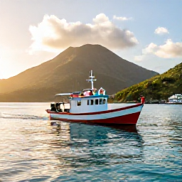 Caribbean Holidays, March Fishing, A colourful fishing boat leaving a calm Caribbean harbour at sunrise on Saint Vincent, with green hills and turquoise water