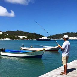 Caribbean Holidays, March Fishing, A friendly Caribbean fishing guide preparing rods on a small dock in Saint Vincent, with colourful boats and a sunny island harbour