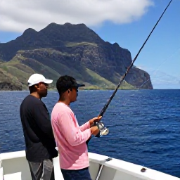 Caribbean Holidays, March Fishing, A friendly local fishing guide helping holidaymakers prepare rods on a boat beside Montserrat's rugged coastline