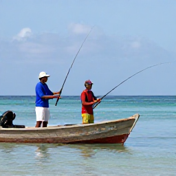 Caribbean Holidays, March Fishing, A friendly local fishing guide helping visitors cast from a wooden boat in the calm coastal waters of Tobago