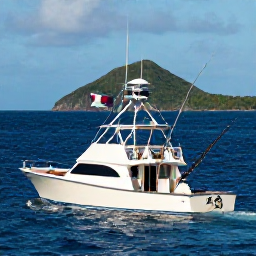 Caribbean Holidays, March Fishing, A sport-fishing boat on deep blue Caribbean water near the Grenadine islands, with rods set and dramatic tropical islands in the background