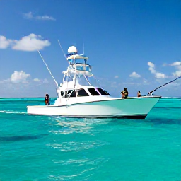Caribbean Holidays, March Fishing, A sport-fishing boat travelling across clear Caribbean water near Trinidad with anglers preparing rods