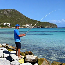 Caribbean Holidays, March Fishing, Angler casting beside a rocky tropical shoreline on Saint Martin, with clear shallow water, colourful reef fish and green hills behind