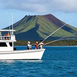 Caribbean Holidays, March Fishing, Anglers casting lines from a charter boat near Montserrat, with green volcanic hills and clear blue sea in the background