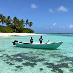Caribbean Holidays, March Fishing, Anglers fishing from a small boat beside a quiet tropical island in the Grenadines, with clear shallow water, reefs and palm-fringed beaches