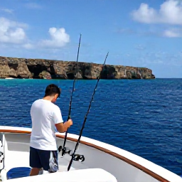 Caribbean Holidays, March Fishing Cura&ccedil;ao, Anglers preparing rods and tackle aboard a modern charter boat near Cura&ccedil;ao's rugged coastline