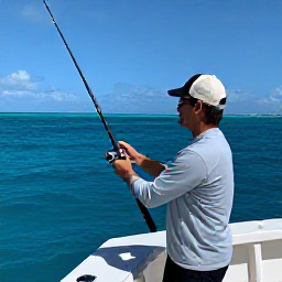 Caribbean Holidays, March Fishing Cura&ccedil;ao, Friendly local fishing guide showing an angler how to handle a rod on a Cura&ccedil;ao charter boat