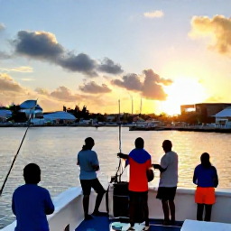 Caribbean Holidays, March Fishing, Friendly fishing charter crew and holidaymakers returning to a colourful marina in Sint Maarten at sunset, with fishing gear and a scenic harbour view