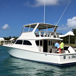 Caribbean Holidays, March Fishing, Friendly local fishing guide helping holidaymakers prepare rods aboard a comfortable charter boat at a Turks and Caicos marina