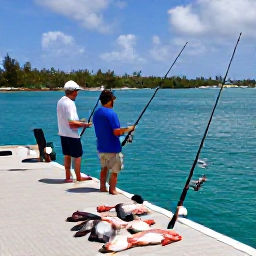 Caribbean Holidays, March Fishing, Relaxed anglers returning to a sunny marina with fishing rods and a small selection of fresh catch in Turks and Caicos