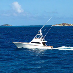 Caribbean Holidays, March Fishing, Sport fishing boat travelling across deep blue Caribbean water near Saint Martin and Sint Maarten, with distant islands on the horizon