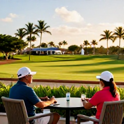Caribbean Holidays, March Golf Holidays, A golfer taking a break at a Puerto Rico clubhouse terrace, overlooking a green course and palm trees in warm March sunshine