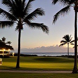 Caribbean Holidays, March Golf Holidays, A relaxed evening view of a Puerto Rico golf resort, with palm silhouettes, warm lights and the Caribbean horizon after sunset