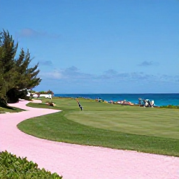 Caribbean Holidays, March Golf Holidays, A sunny Bermuda golf course beside the Atlantic Ocean in March, with pink sand, green fairways and players enjoying a relaxed round