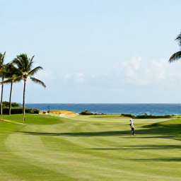 Caribbean Holidays, March Golf Holidays, A sunny Puerto Rico golf course beside the Caribbean Sea in March, with palm trees, green fairways and golfers enjoying a warm morning