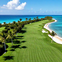 Caribbean Holidays, March Golf Holidays, Aerial view of a Caribbean golf course beside turquoise sea and palm trees in the Cayman Islands