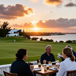 Caribbean Holidays, March Golf Holidays, An outdoor restaurant overlooking Bermuda harbour at sunset, with golfers enjoying dinner after a day on the course