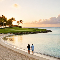 Caribbean Holidays, March Golf Holidays, Couple enjoying a Caribbean beach near a golf resort at sunset, with calm turquoise water and palm trees