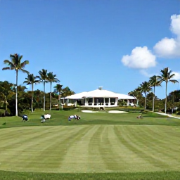 Caribbean Holidays, March Golf Holidays, Elegant Caribbean golf club with clubhouse, palm-lined course and golfers relaxing after a round