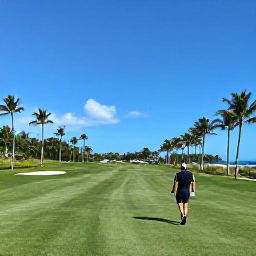 Caribbean Holidays, March Golf Holidays, Golfer walking on a manicured Caribbean fairway under bright March sunshine, palm trees and blue sky