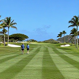 Caribbean Holidays, March Golf Holidays, Golfers walking a lush Puerto Rico fairway under clear March skies, with tropical vegetation, distant hills and a relaxed resort atmosphere