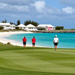 Caribbean Holidays, March Golf Holidays, Visitors walking beside a quiet Bermuda beach after golf, with turquoise water, pastel houses and gentle March sunshine
