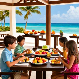 Caribbean Holidays, March Holidays, A family enjoying a colourful buffet meal and fresh tropical fruit at a welcoming Dominican Republic all-inclusive resort restaurant