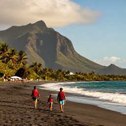 Caribbean Holidays, March Holidays, A family walking along a quiet black volcanic sand beach on Montserrat in warm March sunshine, Caribbean island scenery