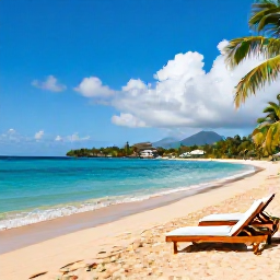 Caribbean Holidays, March Holidays, A golden sandy beach on Montserrat with clear turquoise water, palm trees and sun loungers at an all-inclusive resort