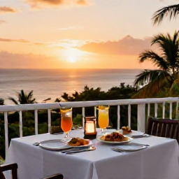 Caribbean Holidays, March Holidays, A relaxed all-inclusive dinner on a Montserrat terrace at sunset, with Caribbean food, tropical drinks and a view of the sea
