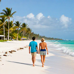 Caribbean Holidays, March Holidays, A relaxed couple walking along a wide white-sand beach at an all-inclusive resort in Punta Cana, Dominican Republic