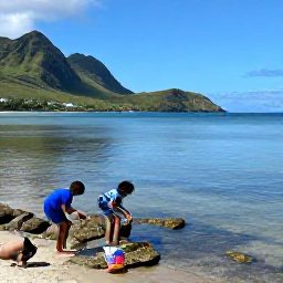 Caribbean Holidays, March Holidays, Children exploring tide pools beside a calm Montserrat coastline with green hills and clear Caribbean water
