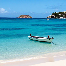 Caribbean Holidays, March Holidays, Clear Caribbean bay near Saint Martin with a small boat, snorkeller, sandy beach and colourful underwater reef