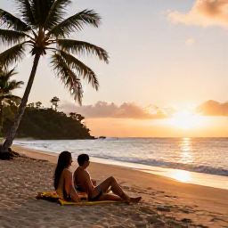 Caribbean Holidays, March Holidays, Couple relaxing on a quiet Saint Vincent beach at sunset with gentle waves and palm trees