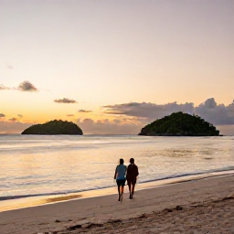 Caribbean Holidays, March Holidays, Couple walking along a secluded sandy beach in the Grenadines at sunset, with calm sea, small islands and warm evening light