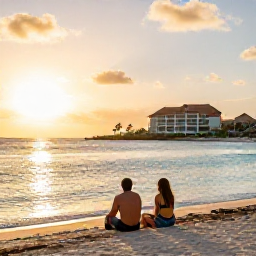 Caribbean Holidays, March Holidays Cura&ccedil;ao, Couple enjoying a peaceful sunset on a Cura&ccedil;ao beach near an all-inclusive resort, with soft golden light and calm turquoise water