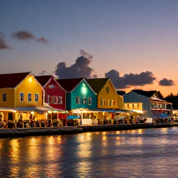 Caribbean Holidays, March Holidays Cura&ccedil;ao, Evening view of Cura&ccedil;ao&rsquo;s colourful waterfront with illuminated buildings, outdoor dining and a calm Caribbean sunset