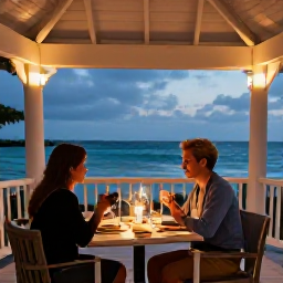 Caribbean Holidays, March Holidays, Elegant open-air restaurant at an adults-only Caribbean resort, with a couple dining beside the sea under soft evening lights