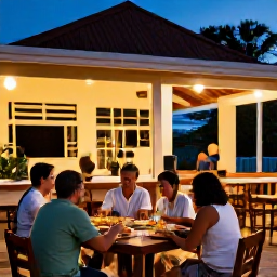 Caribbean Holidays, March Holidays, Family enjoying a relaxed meal at a small open-air restaurant in Montserrat during a warm Caribbean evening