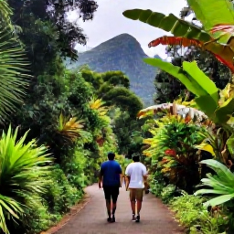 Caribbean Holidays, March Holidays, Family hiking on a shaded trail through lush Montserrat rainforest with tropical plants and mountain views