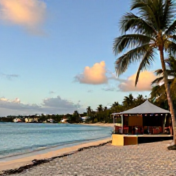 Caribbean Holidays, March Holidays, Golden evening over a quiet British Virgin Islands beach with a small local music venue, palm trees and calm turquoise water