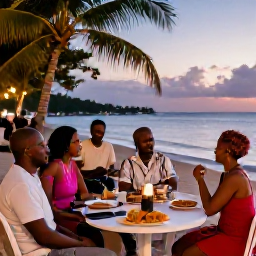 Caribbean Holidays, March Holidays, Relaxed Caribbean evening in Trinidad and Tobago with visitors enjoying local music, food and conversation near the coast