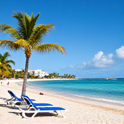 Caribbean Holidays, March Holidays, Sunny Caribbean beach on Saint Martin with calm turquoise water, palm trees and comfortable sun loungers