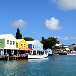 Caribbean Holidays, March Holidays, Sunny waterfront in Road Town, Tortola, with colourful buildings, fishing boats and visitors browsing local craft stalls