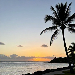 Caribbean Holidays, March Holidays, Sunset over the coastline of Saint Kitts with palm trees, calm sea and warm evening light, representing a relaxing March holiday