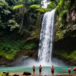 Caribbean Holidays, March Holidays, Travellers exploring a lush tropical waterfall and forest landscape near Puerto Plata in the Dominican Republic